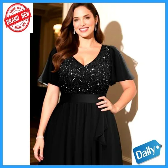 Sequin Chiffon Formal Dress Elegant Evening Wedding Guest Cocktail Gown - Picture 2 of 7